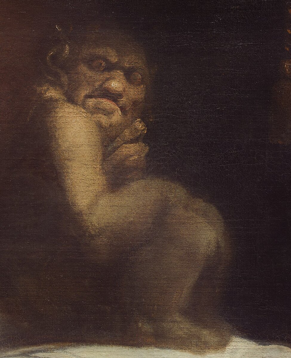 The incubus, a squat brown demon with pointed ears, sitting on the sleeping woman's chest and looking out at the viewer