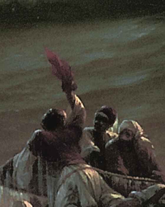 A survivor standing on the mast waving a red cloth against the green water