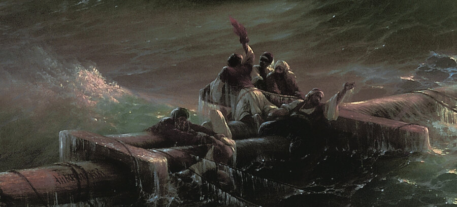 Survivors clinging to a broken mast in the sea, one waving a red cloth, the mast forming a cross