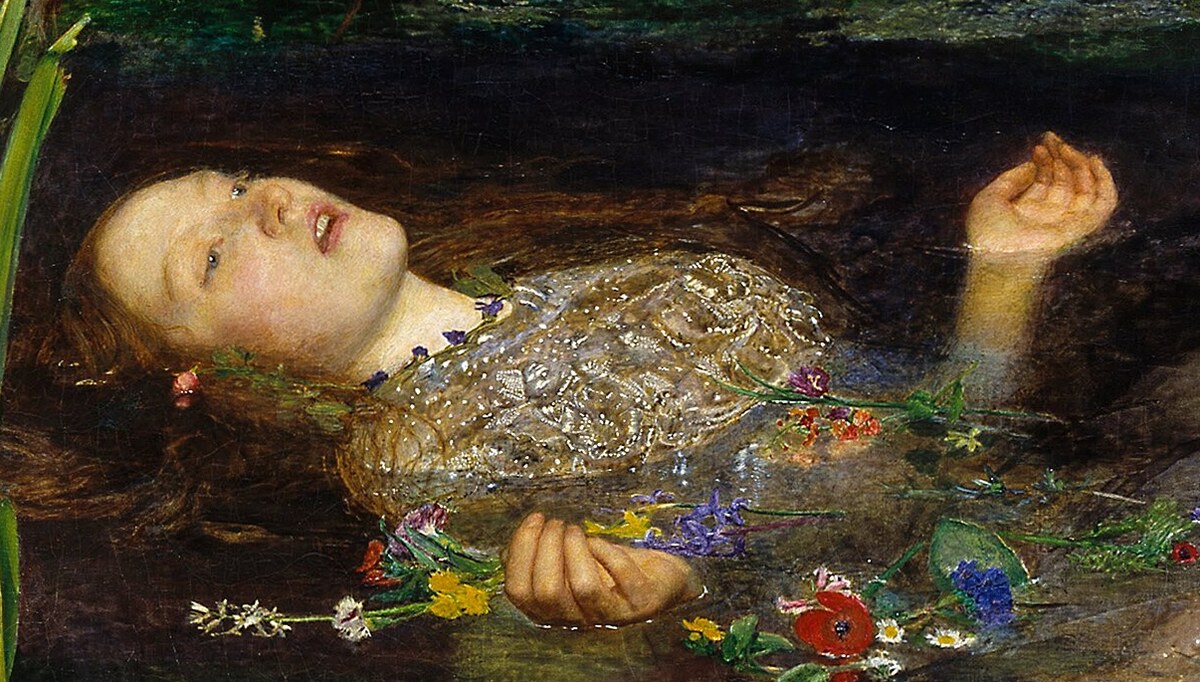 Ophelia floating on her back in the stream, face turned up, mouth open, hands raised out of the water