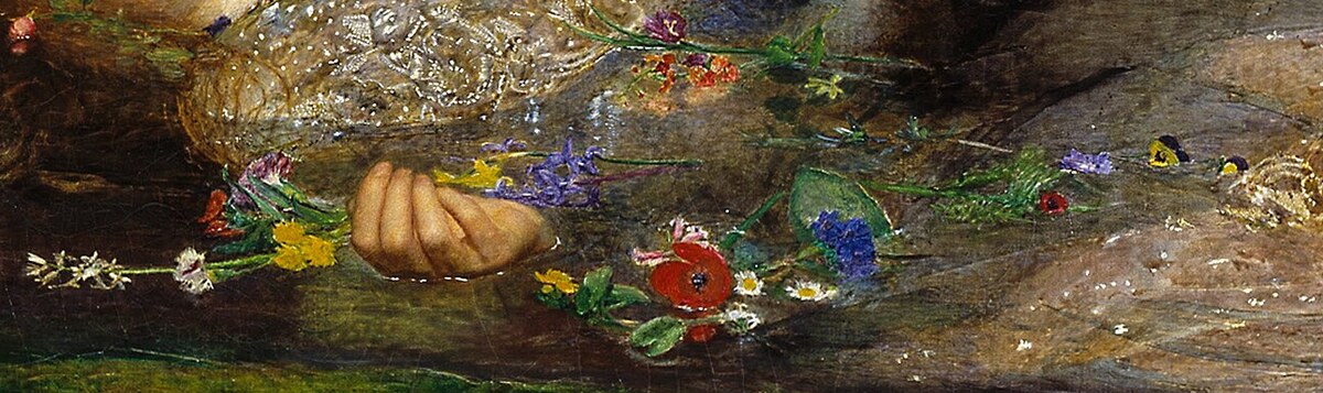 A trail of flowers floating on the water around Ophelia's hands and dress: poppy, daisies, pansies, violets