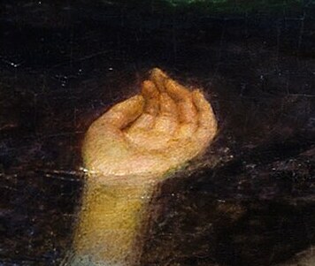Ophelia's open hand rising out of the dark water