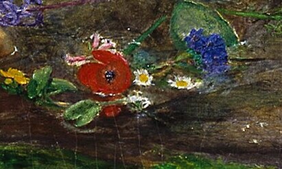 A red flower with daisies and pansies floating on the dark water