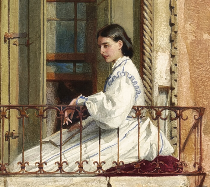 Anna Passini in a white dress seated on a red cushion on the balcony, looking down at the canal