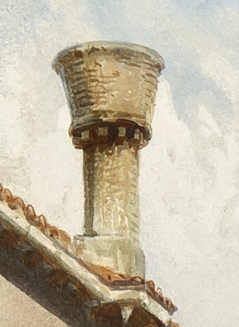 A tall Venetian chimney with a wide funnel-shaped top against a pale sky