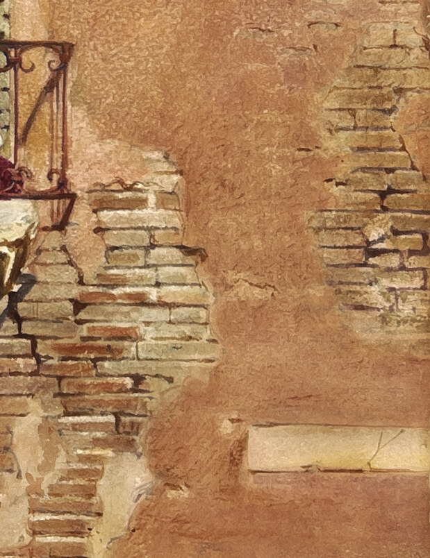 A bare red brick wall where the plaster has fallen away, cracked and patched