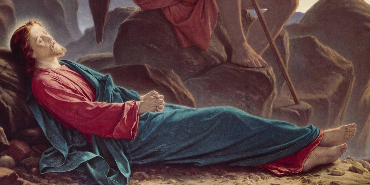 Christ asleep on the ground in a red robe and blue mantle, his head against a rock