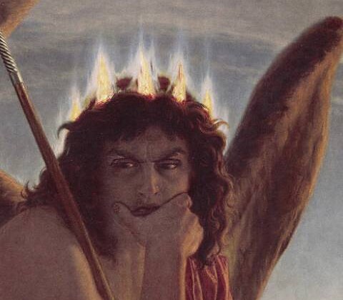 Satan with a crown of blue flames, his chin resting on his hand, looking sideways out of the painting