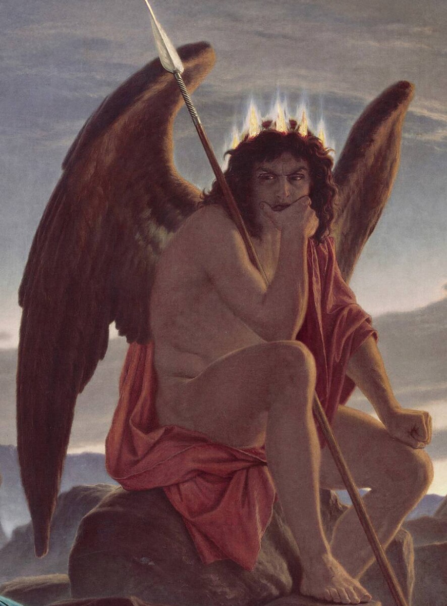 Satan seated on a rock with great dark wings, a spear and a red cloak, his chin on his hand