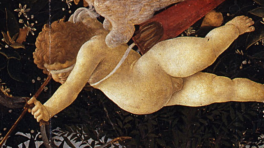 Blindfolded Cupid flying above Venus, drawing his bow with a flaming arrow