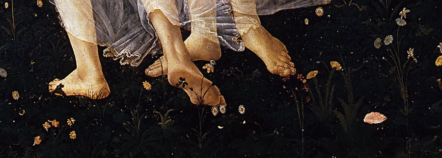 The flowered meadow at the figures' feet, painted plant by plant