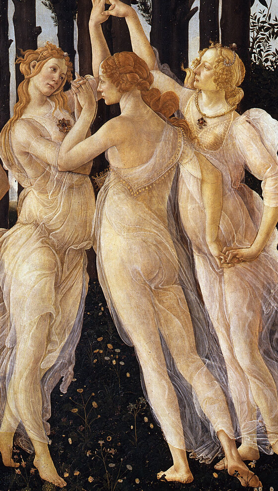 The three Graces dancing in a ring in transparent white dresses, hands joined above their heads