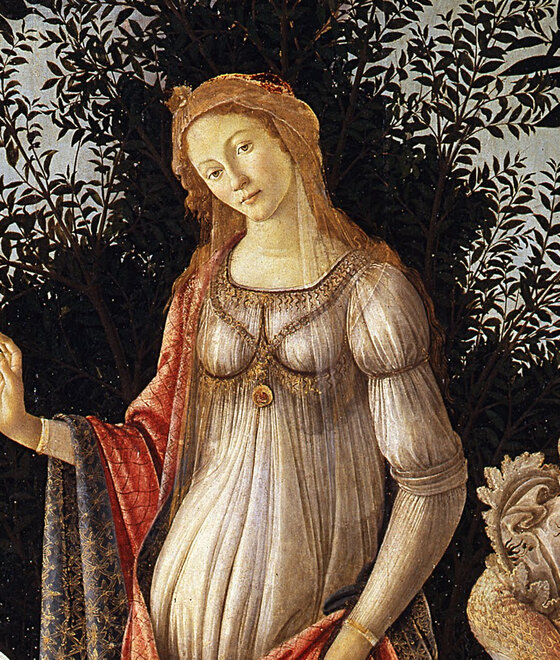 Venus standing under an arch of myrtle leaves, her hand raised in greeting