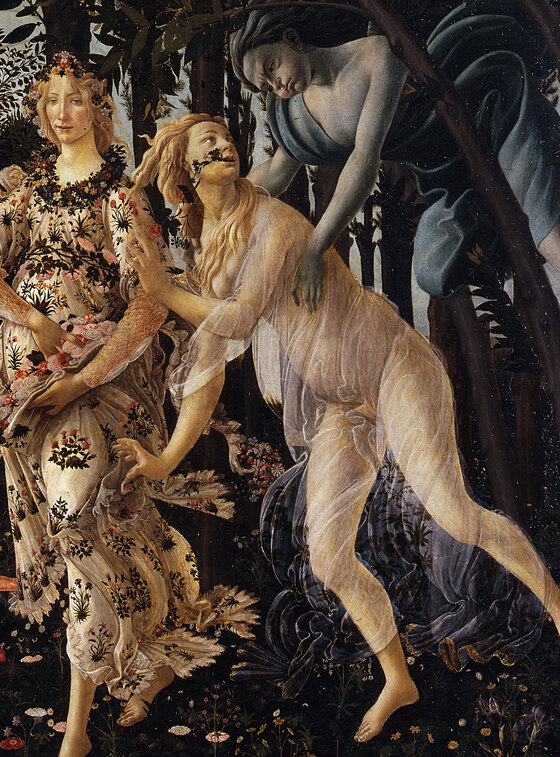 The blue wind god Zephyr seizing the nymph Chloris, who turns into Flora scattering roses