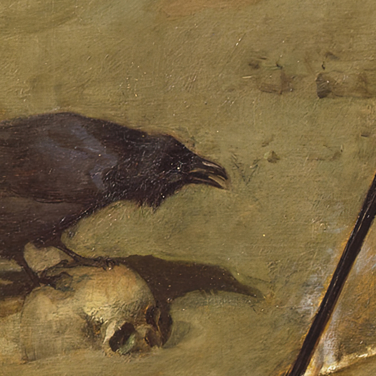 Raven standing beside a skull in The Magic Circle