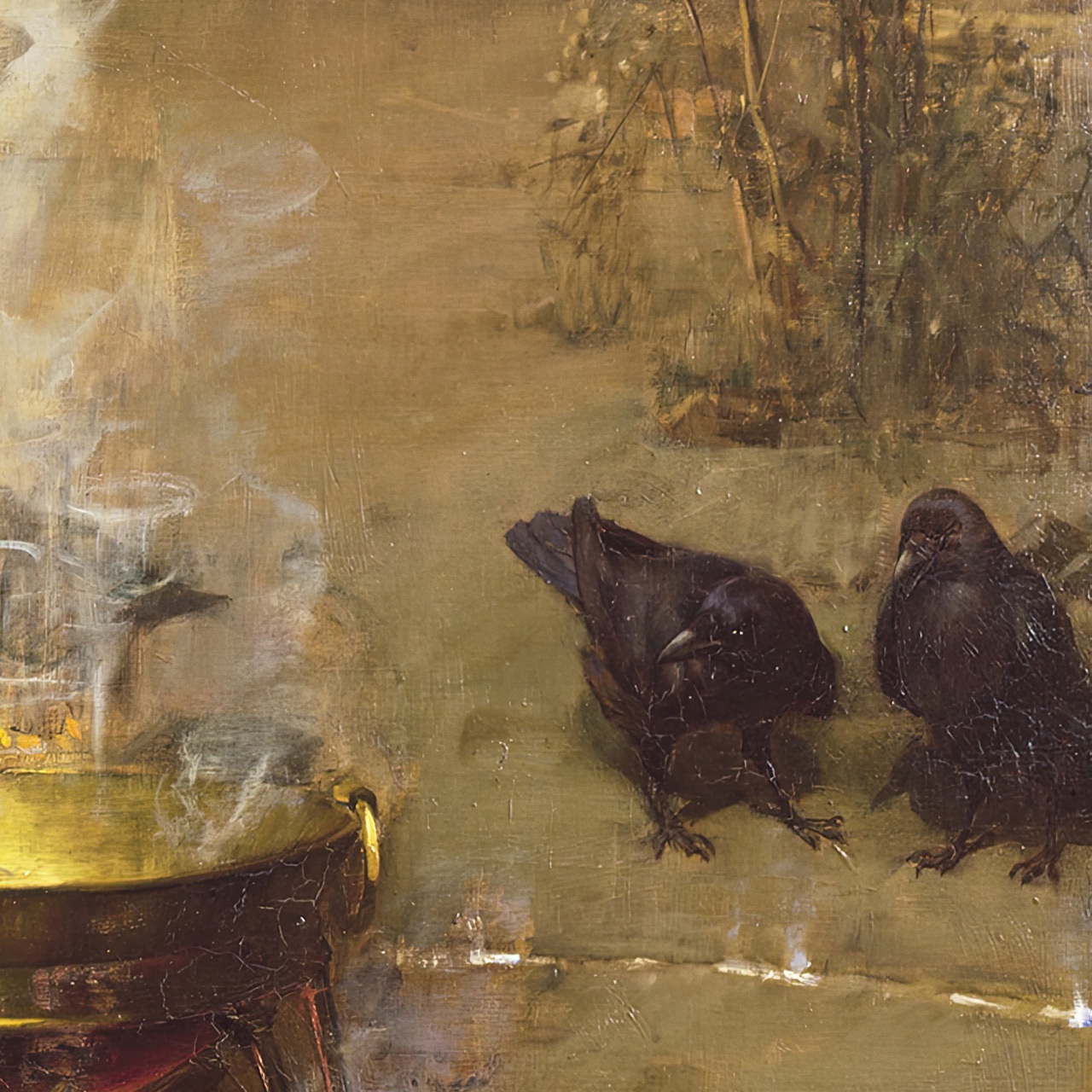 Ravens gathered outside the ritual circle in Waterhouse's painting