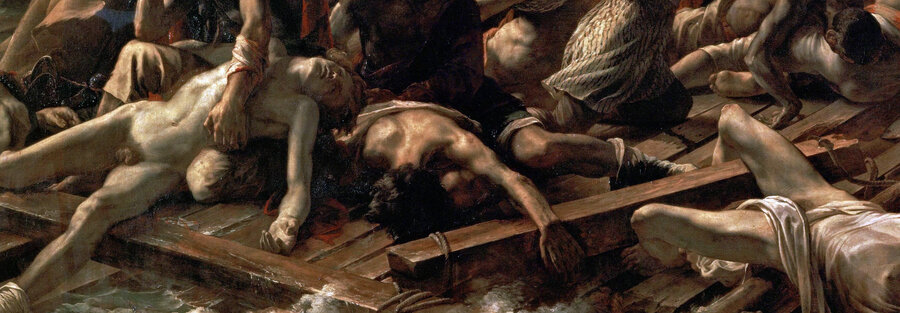 The dead and dying stretched across the front of the raft, one body slipping into the sea