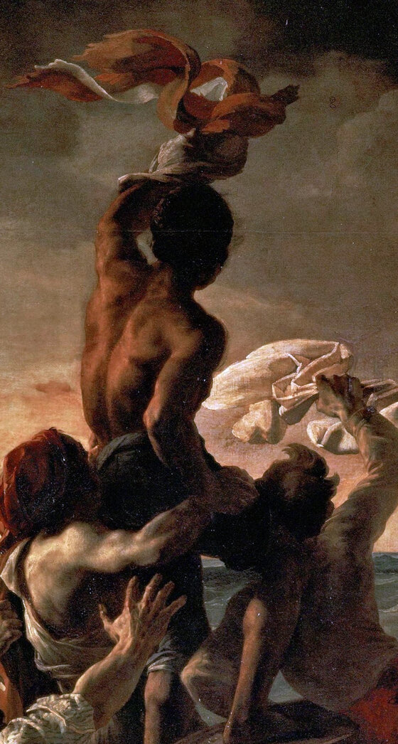 The man at the top of the raft waving a cloth toward the horizon