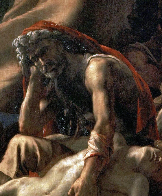 An old man in a red cloth holding the body of a young man across his knees
