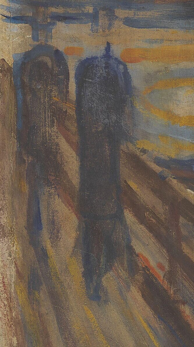 Two dark figures in hats walking away along the bridge railing at the left