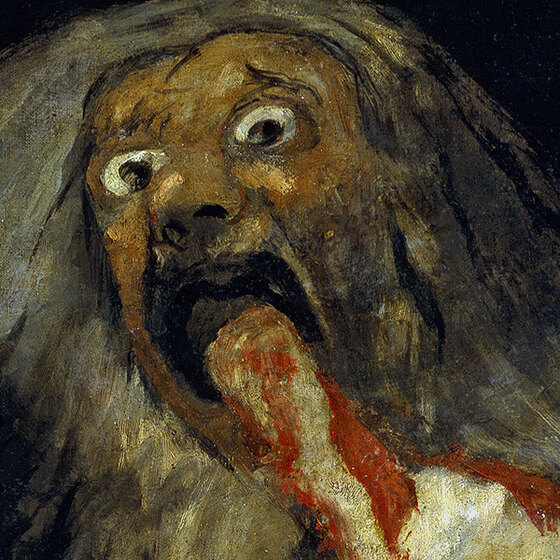 Saturn's face with wide staring eyes and open mouth, grey hair flying