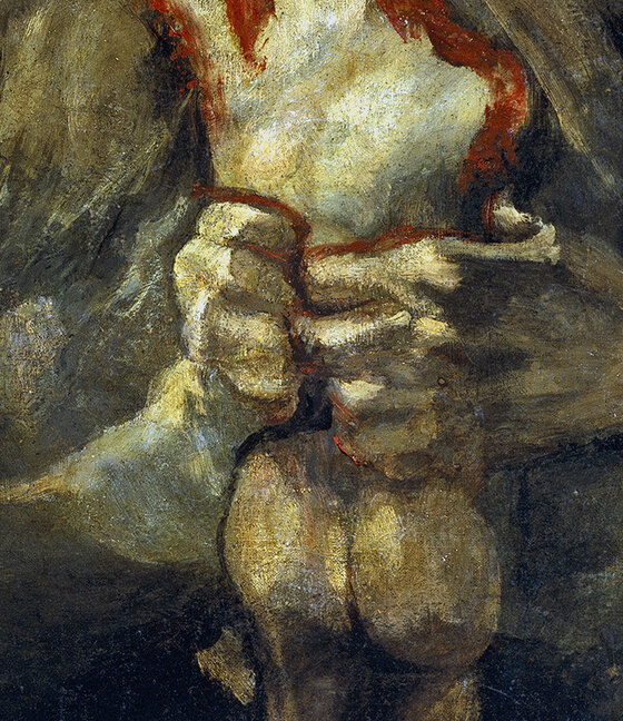 Saturn's hands gripping the headless body, fingers pressed into the flesh, blood on the torn shoulders