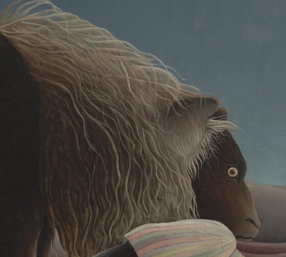 The lion's face in profile with its round bright eye, mane falling in strands, tail raised