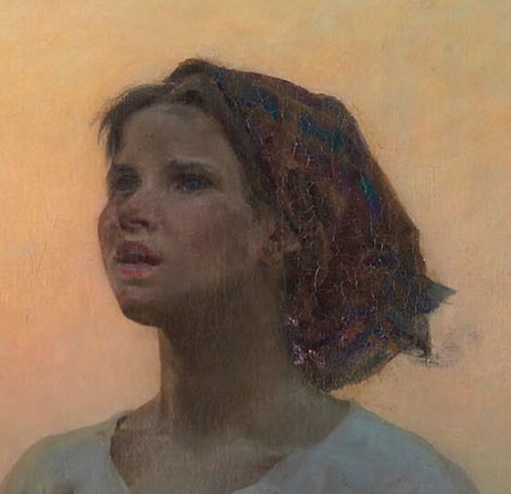 The peasant girl's face turned up and to the side, mouth open, listening
