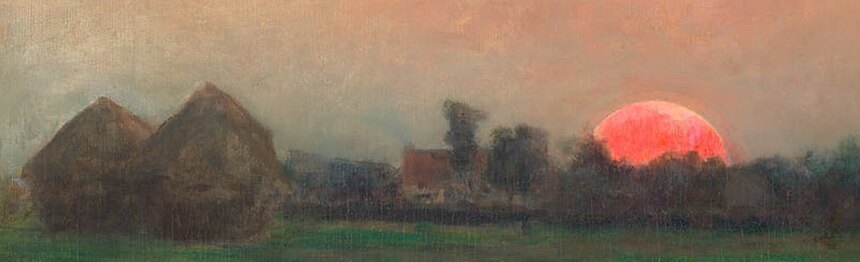The red sun rising behind a haystack on the flat horizon