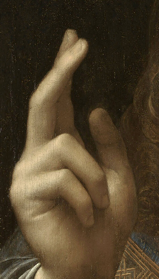 Christ's right hand raised in blessing, two fingers up, painted in sharp focus