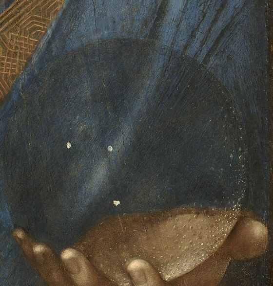 The transparent crystal orb in Christ's left hand, with three points of light inside it and the palm visible through it