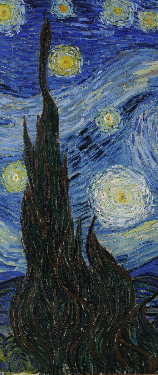 The tall dark cypress on the left, flame-shaped, reaching to the top of the canvas