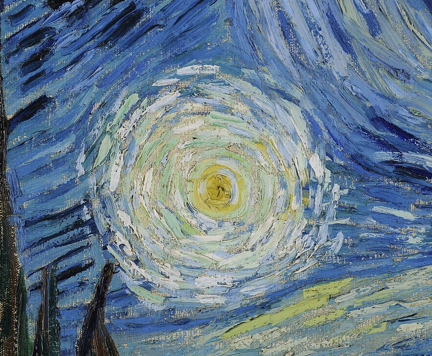 A large white and yellow star with a halo of concentric strokes, low on the left of the sky