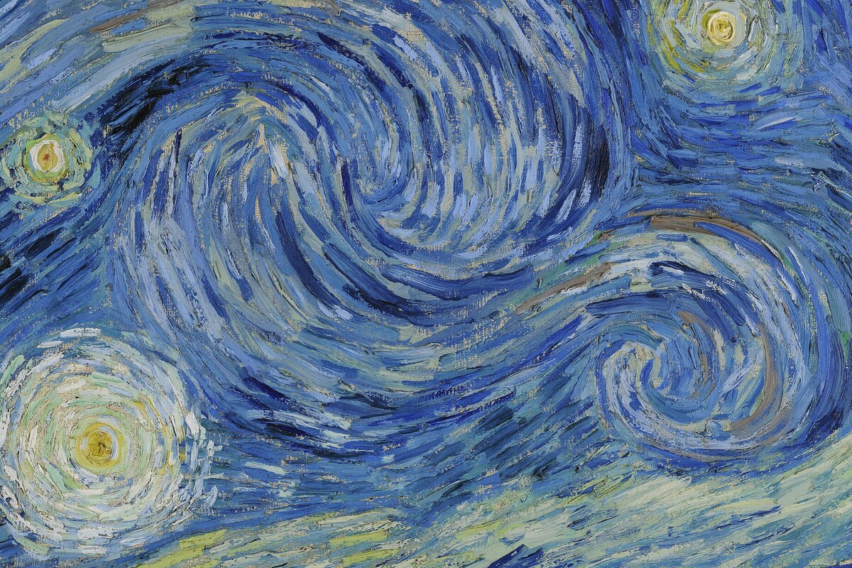 The great spiral of white and blue strokes in the centre of the sky, curling in on itself