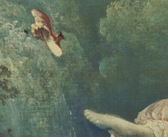 A pink satin slipper flying off the woman's foot into the air