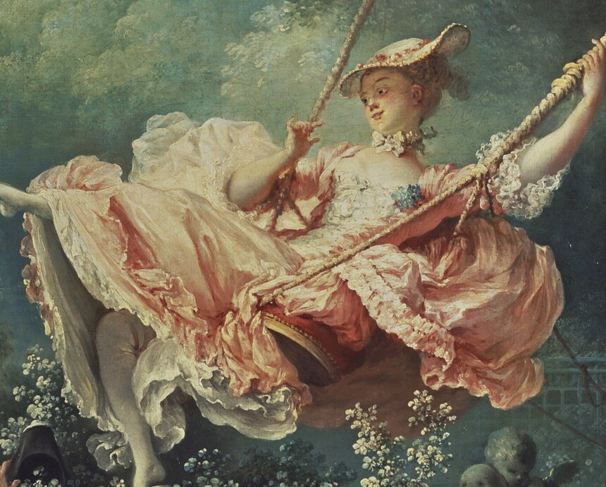 The young woman in pink silk at the top of her swing, skirts flying, one leg kicked out