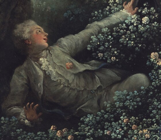 The young man lying back in the rose bushes, hat in his raised hand, looking up under the swing