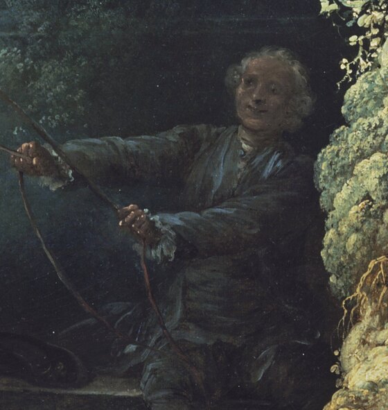 The older man in the shadows on the right pulling the swing's ropes, smiling