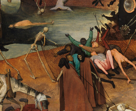 A skeleton on a thin red horse swinging a scythe over a crowd of people