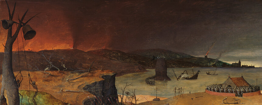 The upper part of the painting: burning ships, a smoking city, a hanged man, wheels on poles and a sea full of wrecks