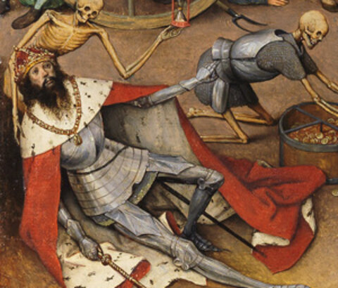 A king in ermine dying at the bottom left while a skeleton shows him an hourglass and another rifles his barrels of gold