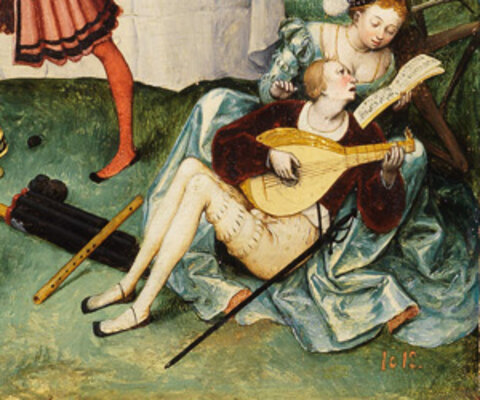 A young couple at the bottom right playing music together, a skeleton behind them playing along