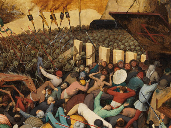 Ranks of skeletons with coffin lids for shields driving the crowd toward a great box marked with crosses