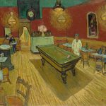 The Night Café by Vincent van Gogh: a red-walled billiard room in Arles lit by four gas lamps, with a green billiard table, the owner in white and customers asleep at the tables