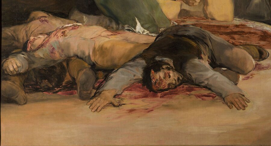 The bodies of men already shot lying face down in their own blood at the front of the painting