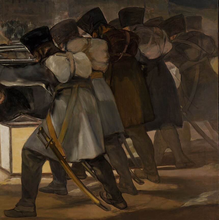 The firing squad seen from behind, a row of identical soldiers with rifles levelled and bayonets fixed