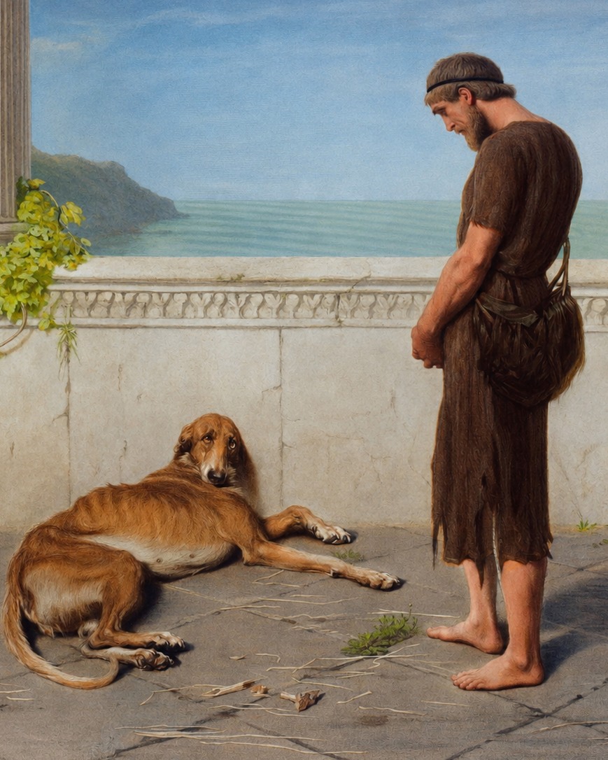 Ulysses and Argus across the terrace