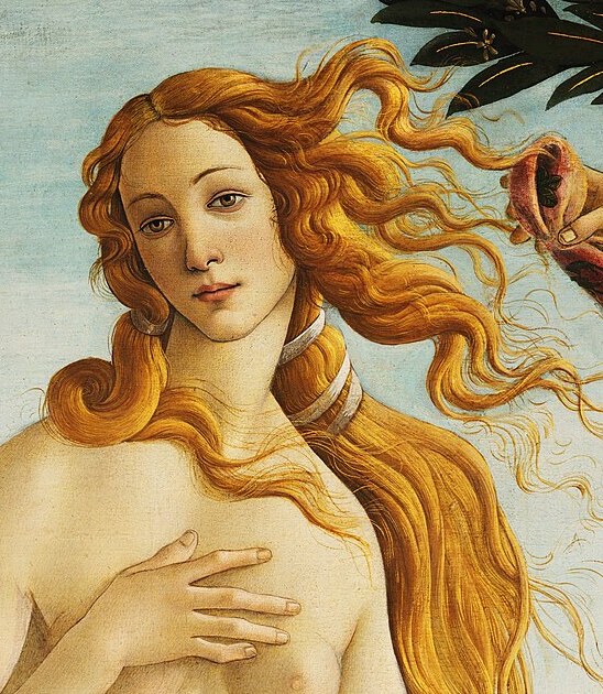 The face of Venus, head tilted, long red-gold hair blowing