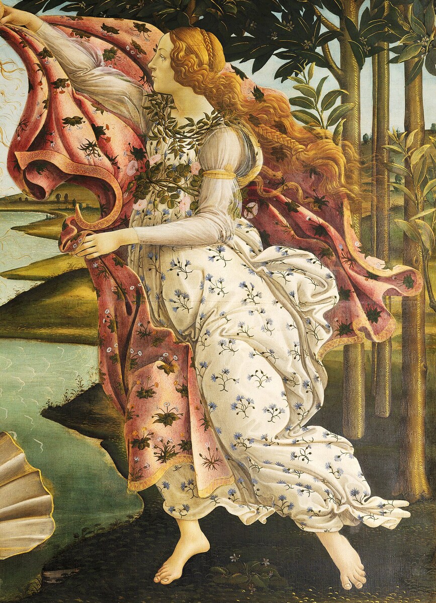 A young woman in a white dress running from the shore holding out a pink cloak embroidered with flowers