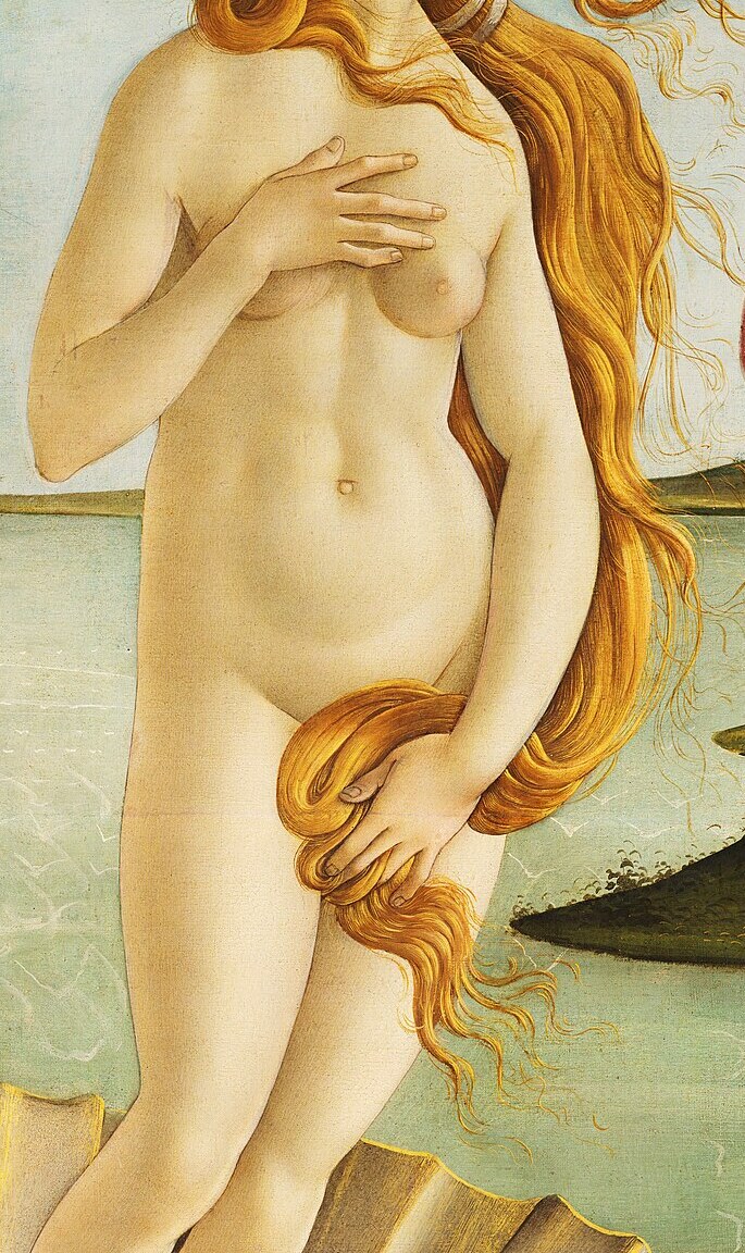 Venus standing on the shell covering herself with one hand and her long hair